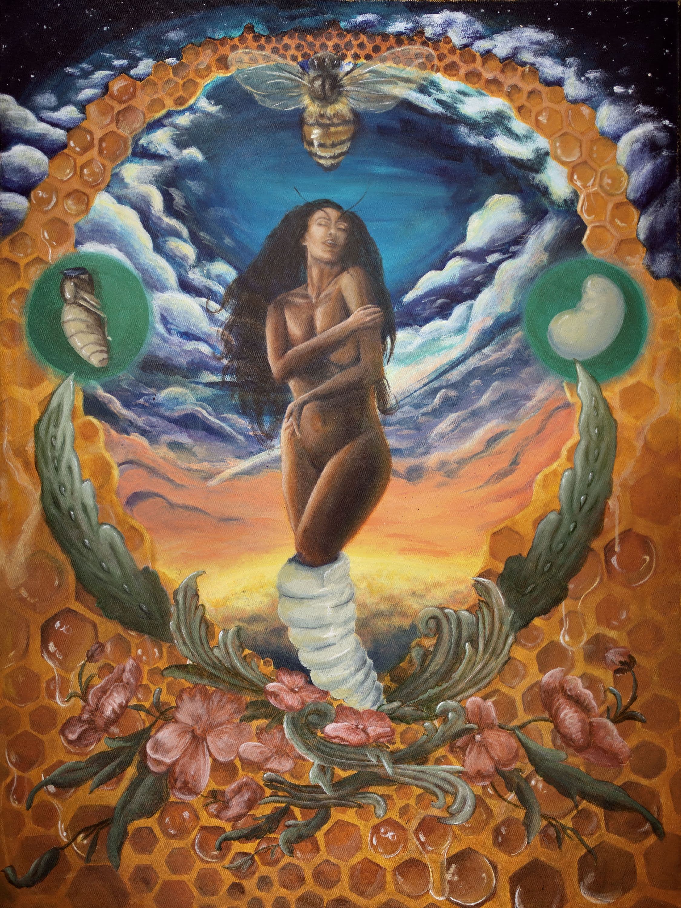 Bee Queen. Bee life cycle. Painting